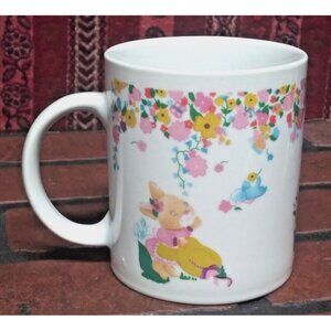 Vintage Easter Mug Bunnies Flowers White pink blue Ceramic Houston Foods 10 oz